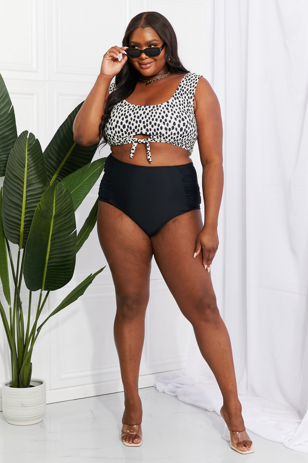 Marina West Swim Sanibel Crop Swim Top and Ruched Bottoms Set in Black-Evergreen Boutique