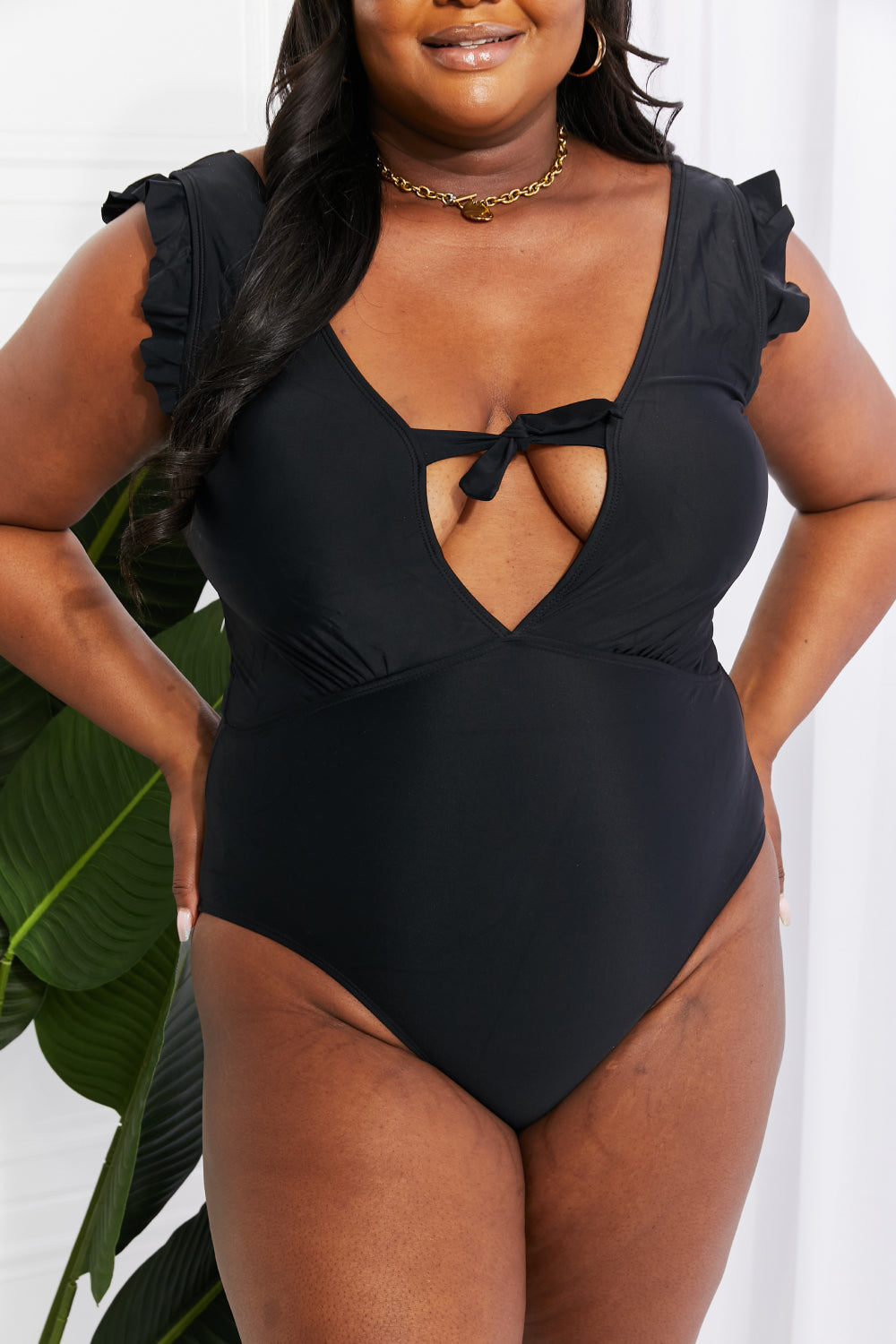 Marina West Swim Seashell Ruffle Sleeve One-Piece in Black-Evergreen Boutique