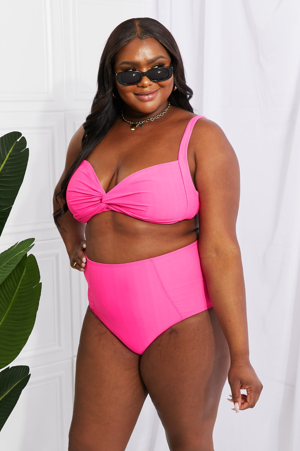 Marina West Swim Take A Dip Twist High-Rise Bikini in Pink-Evergreen Boutique