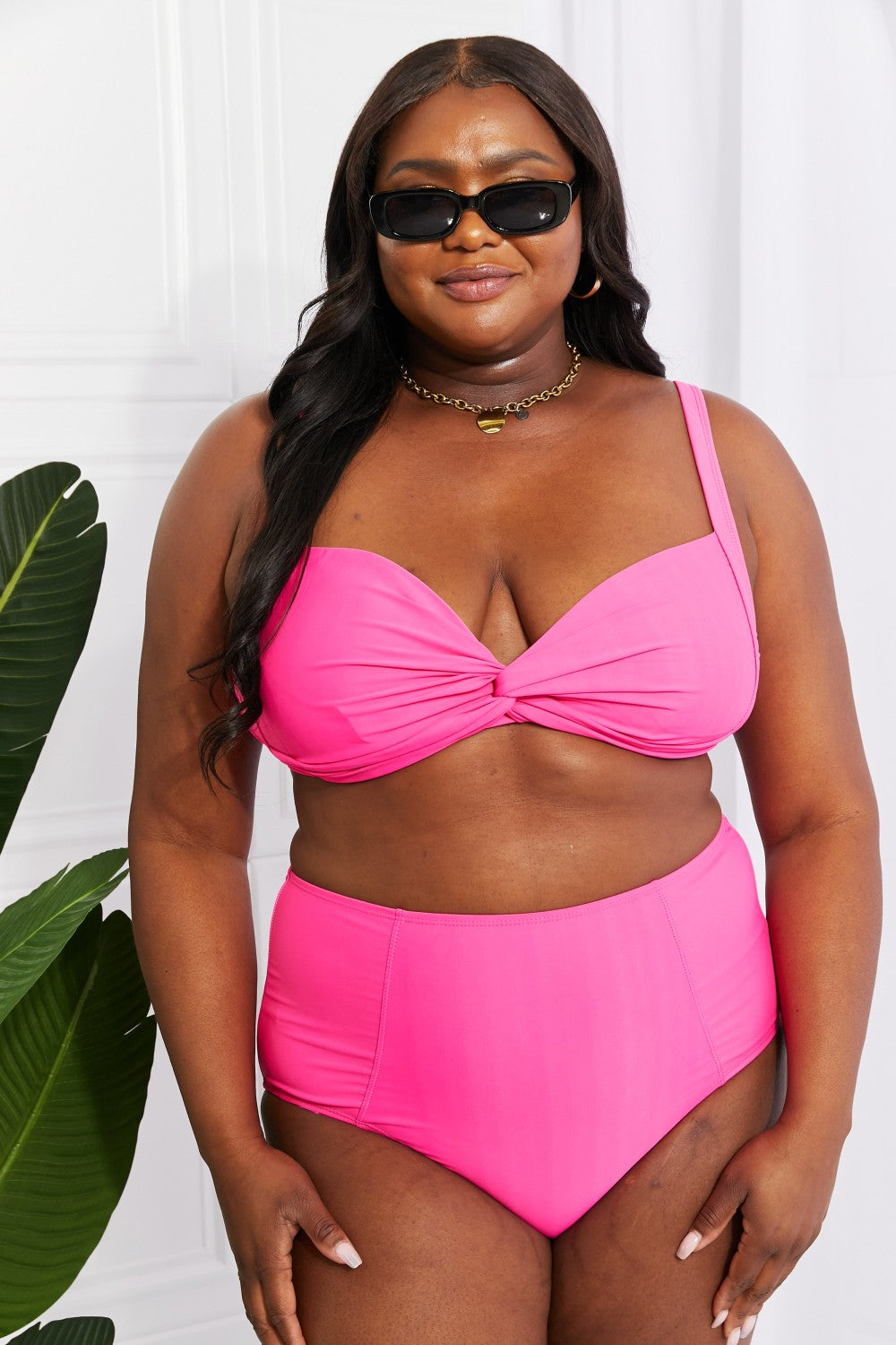 Marina West Swim Take A Dip Twist High-Rise Bikini in Pink-Evergreen Boutique