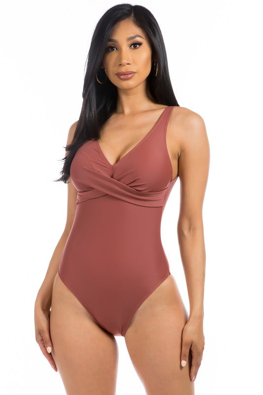 PLEATED CROSS GATHERING LOW V ONE PIECE-Evergreen Boutique