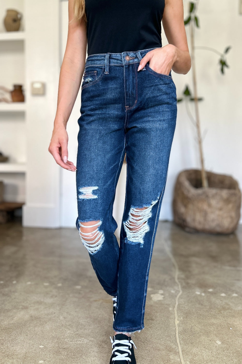 Judy Blue Full Size High Waist Rigid Magic Heavy Destroy Straight Jeans-Evergreen Boutique