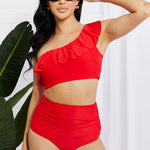 Marina West Swim Seaside Romance Ruffle One-Shoulder Bikini in Red-Evergreen Boutique