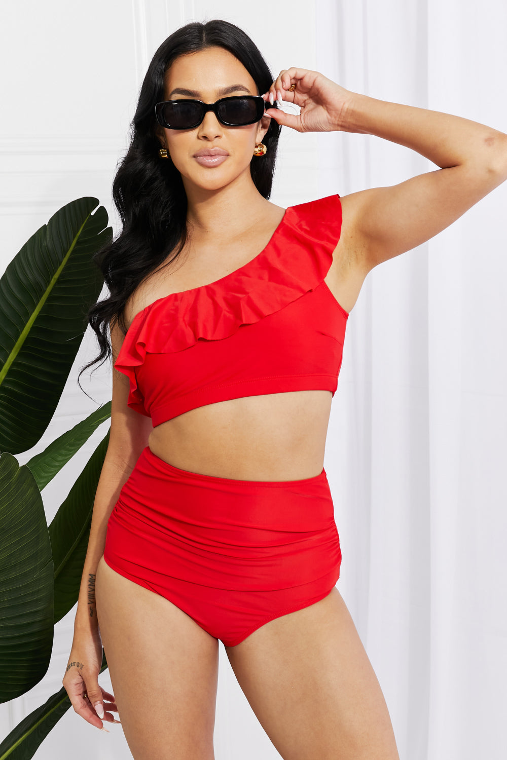 Marina West Swim Seaside Romance Ruffle One-Shoulder Bikini in Red-Evergreen Boutique