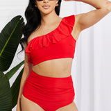 Marina West Swim Seaside Romance Ruffle One-Shoulder Bikini in Red-Evergreen Boutique