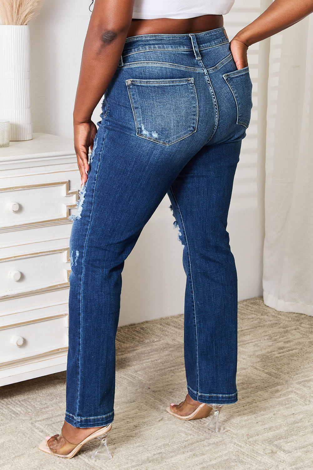 Judy Blue Full Size Mid Rise Hand Sand & Destroy Bootcut Jeans-Evergreen Boutique