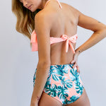 Solid Ruffle Top And Printed Bottom Swimsuit-Evergreen Boutique