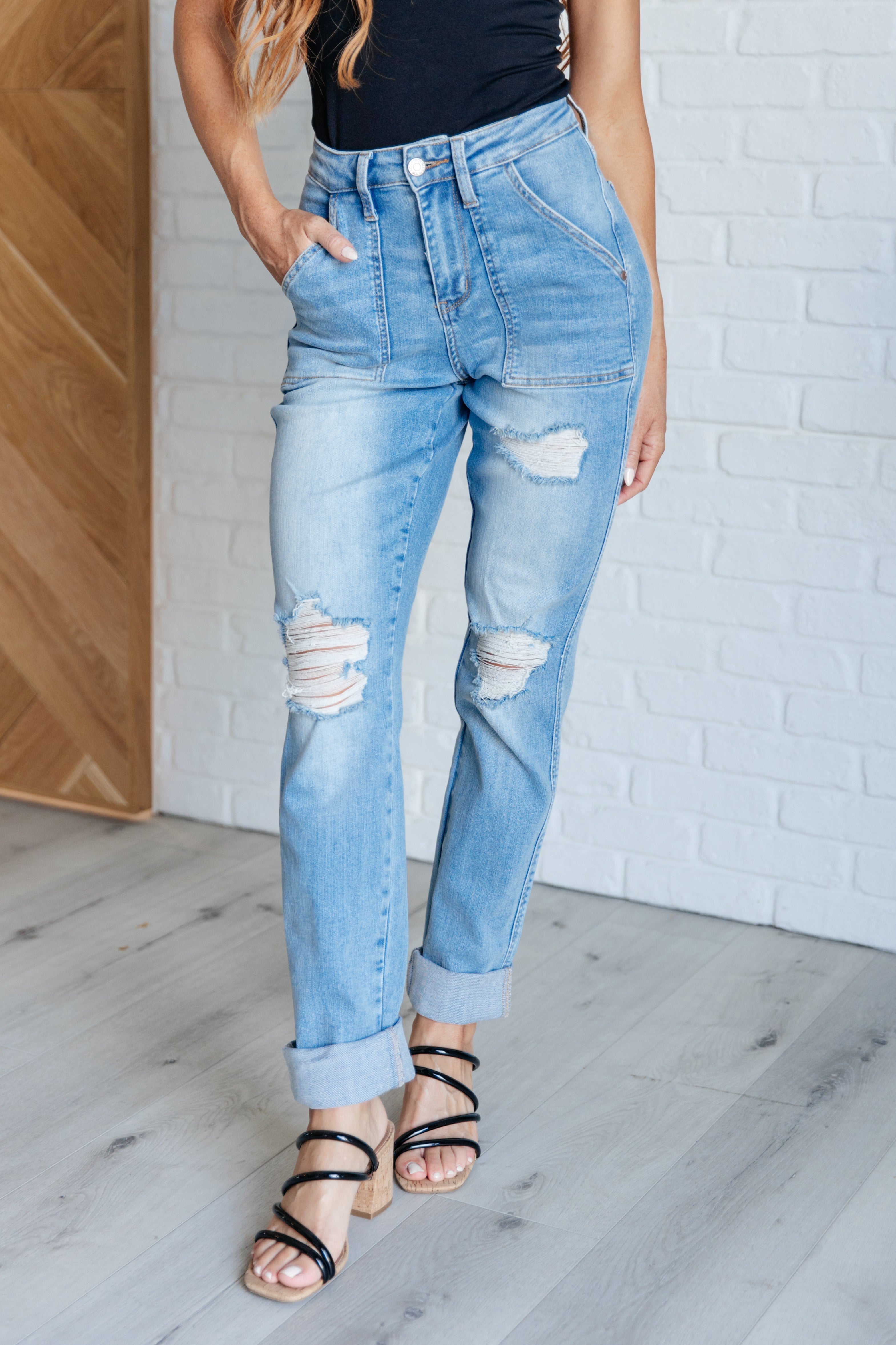 Judy Blue Aiden High Rise Patch Pocket Distressed Boyfriend Jeans - Evergreen Boutique