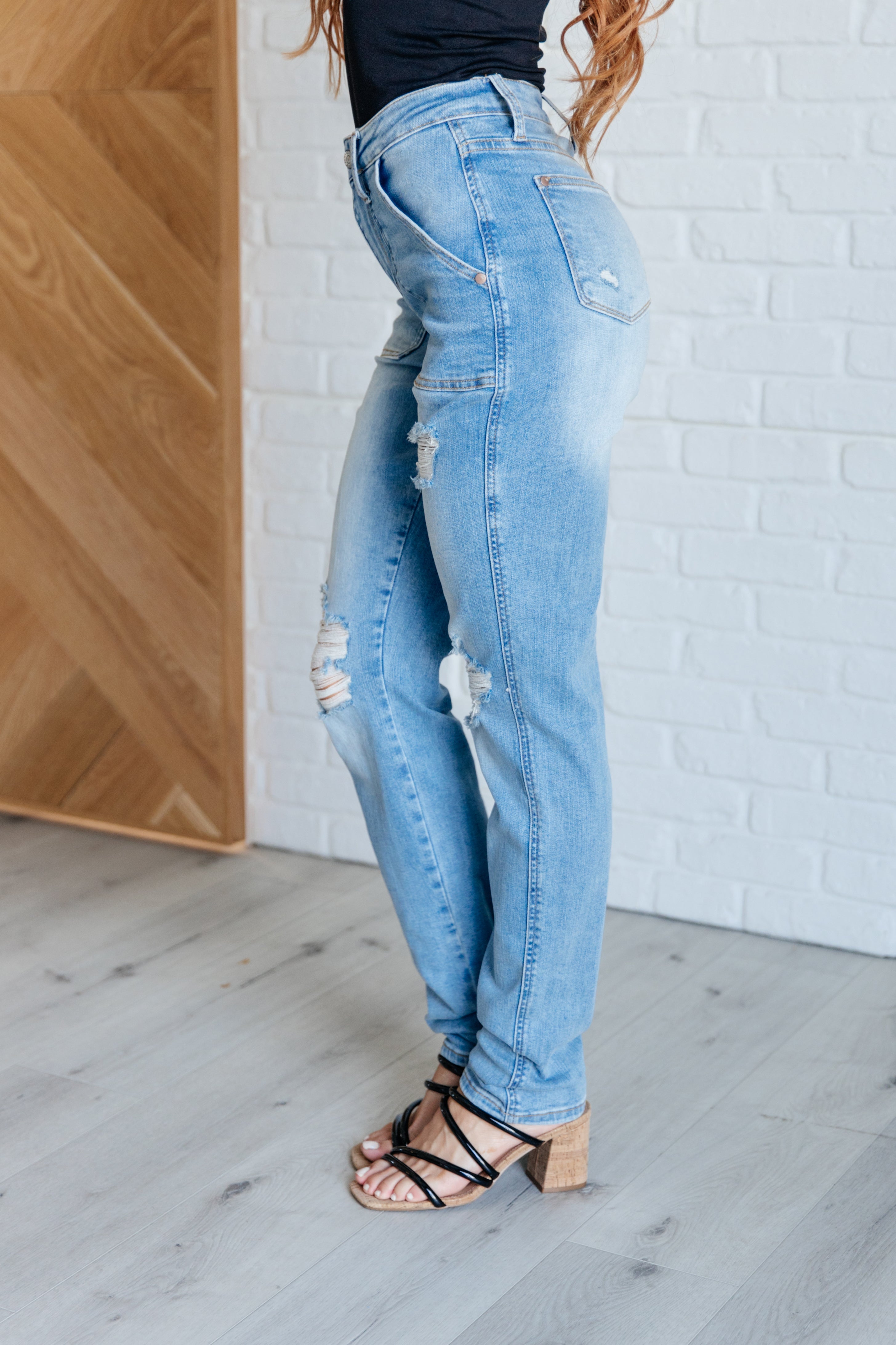 Judy Blue Aiden High Rise Patch Pocket Distressed Boyfriend Jeans - Evergreen Boutique