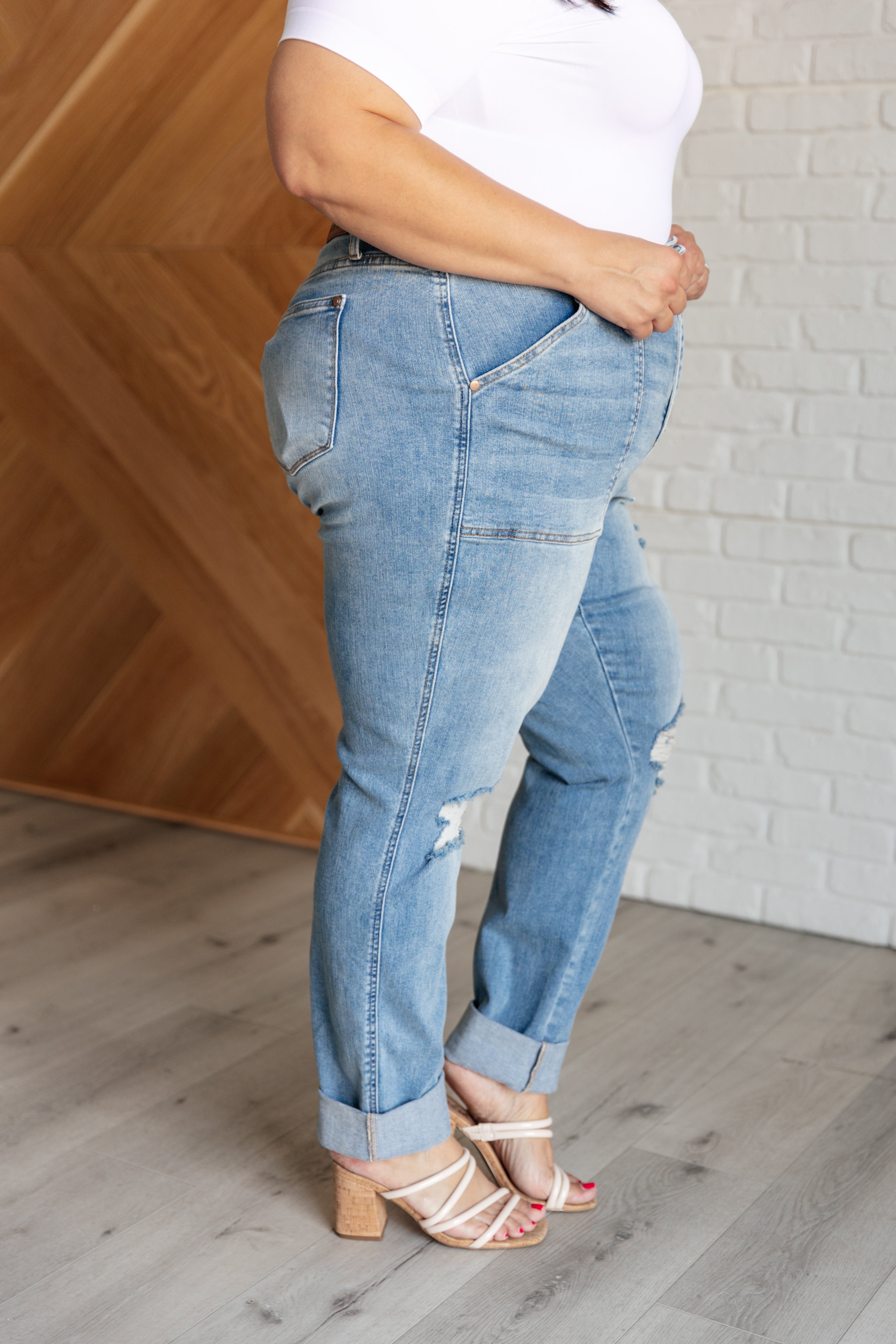 Judy Blue Aiden High Rise Patch Pocket Distressed Boyfriend Jeans - Evergreen Boutique