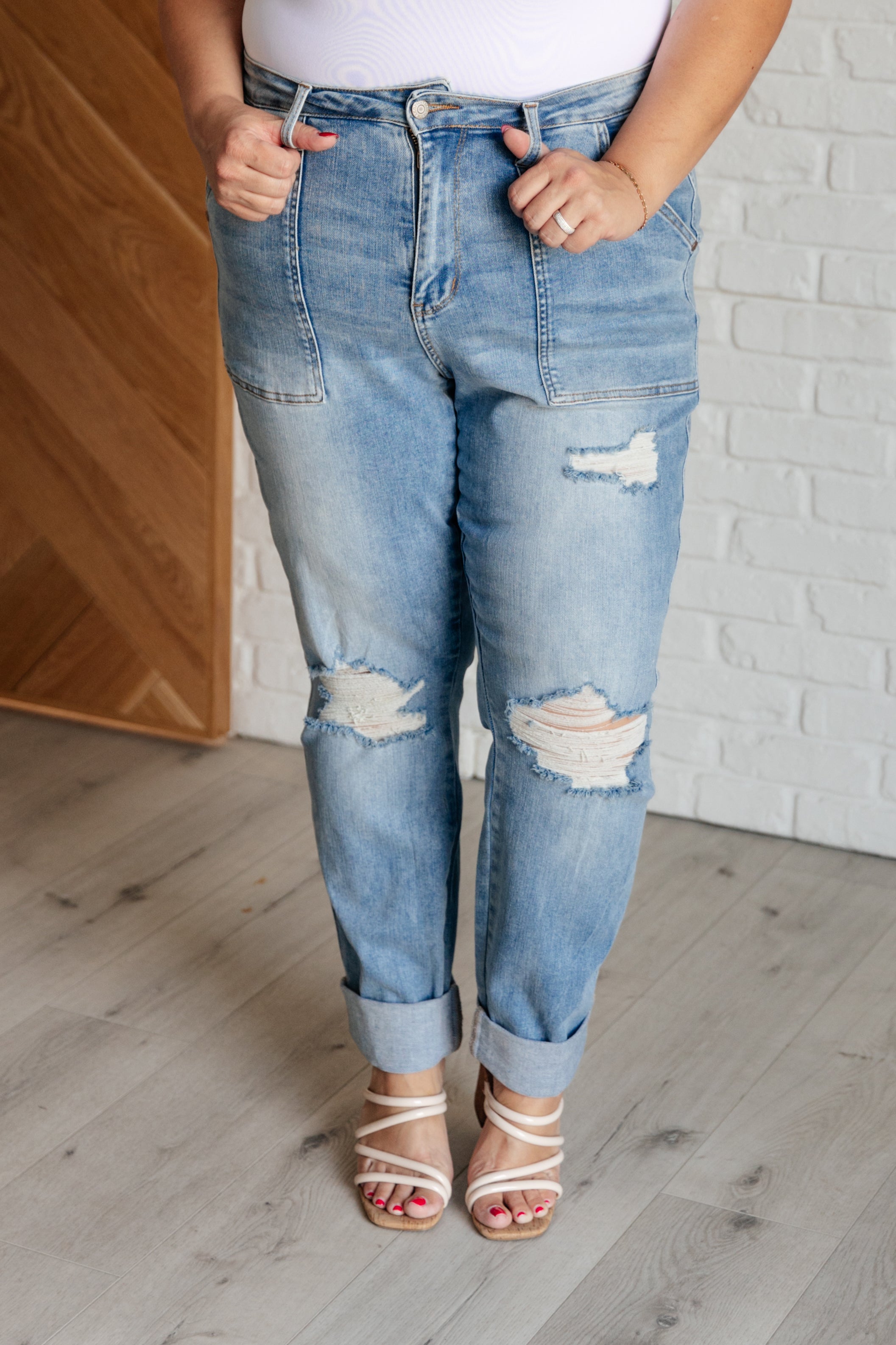 Judy Blue Aiden High Rise Patch Pocket Distressed Boyfriend Jeans - Evergreen Boutique