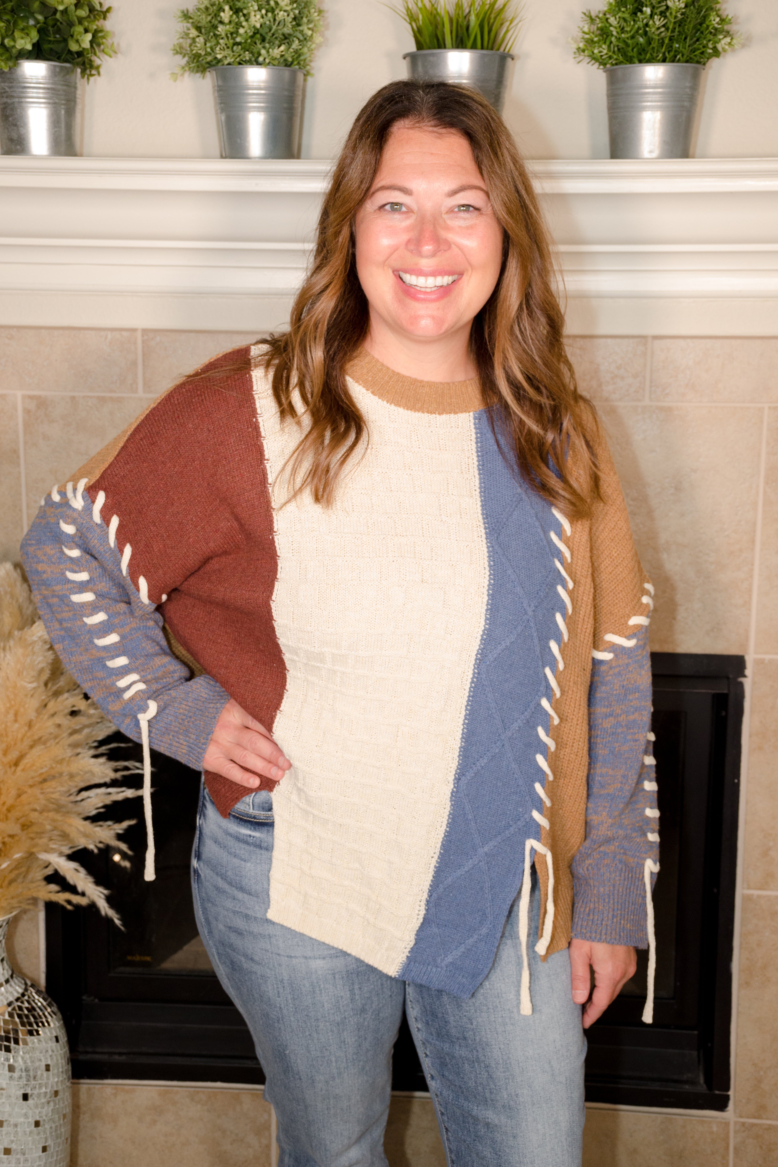 Color Block Sweater with Drawstring Details - Evergreen Boutique