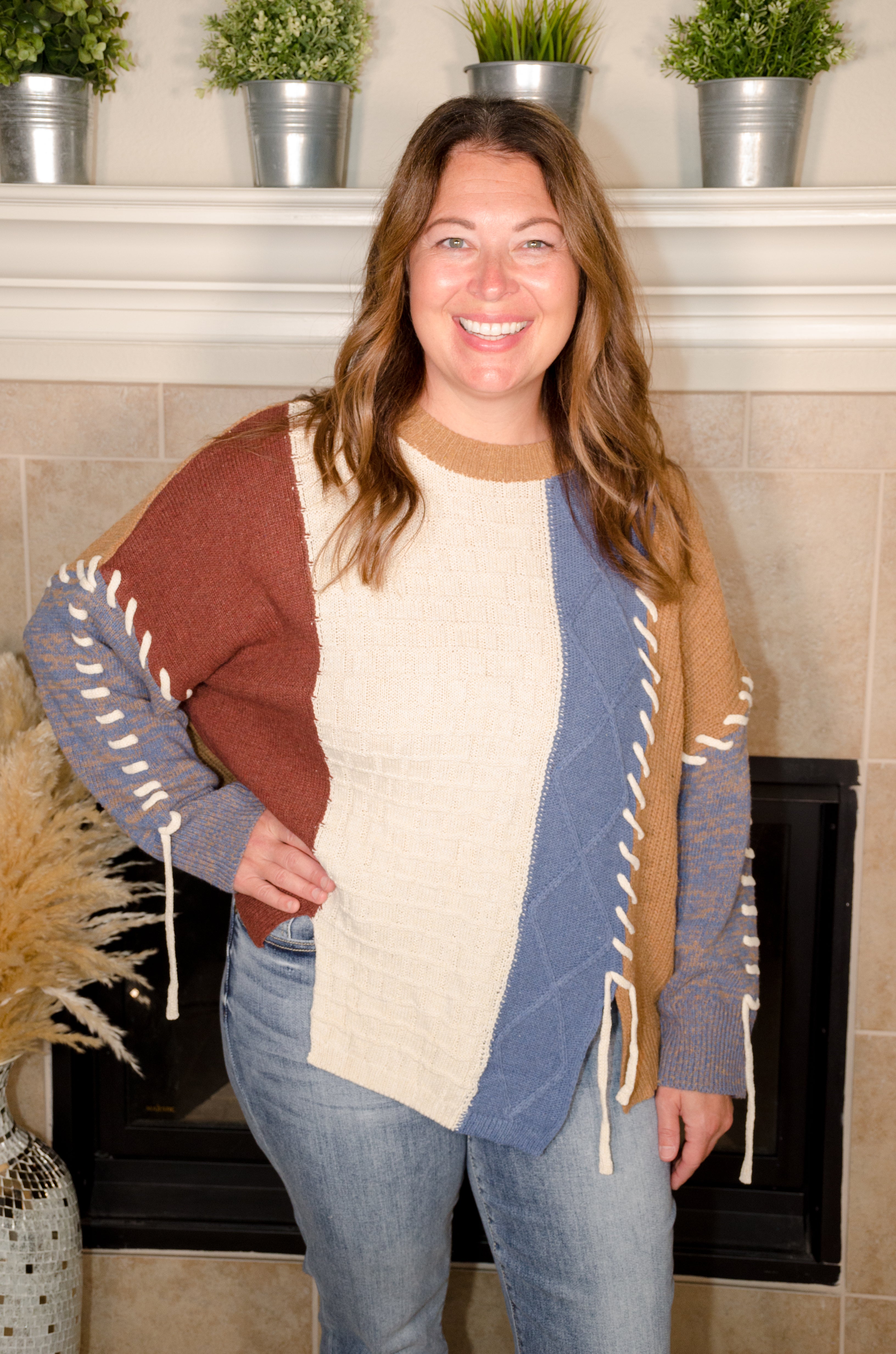 Color Block Sweater with Drawstring Details - Evergreen Boutique