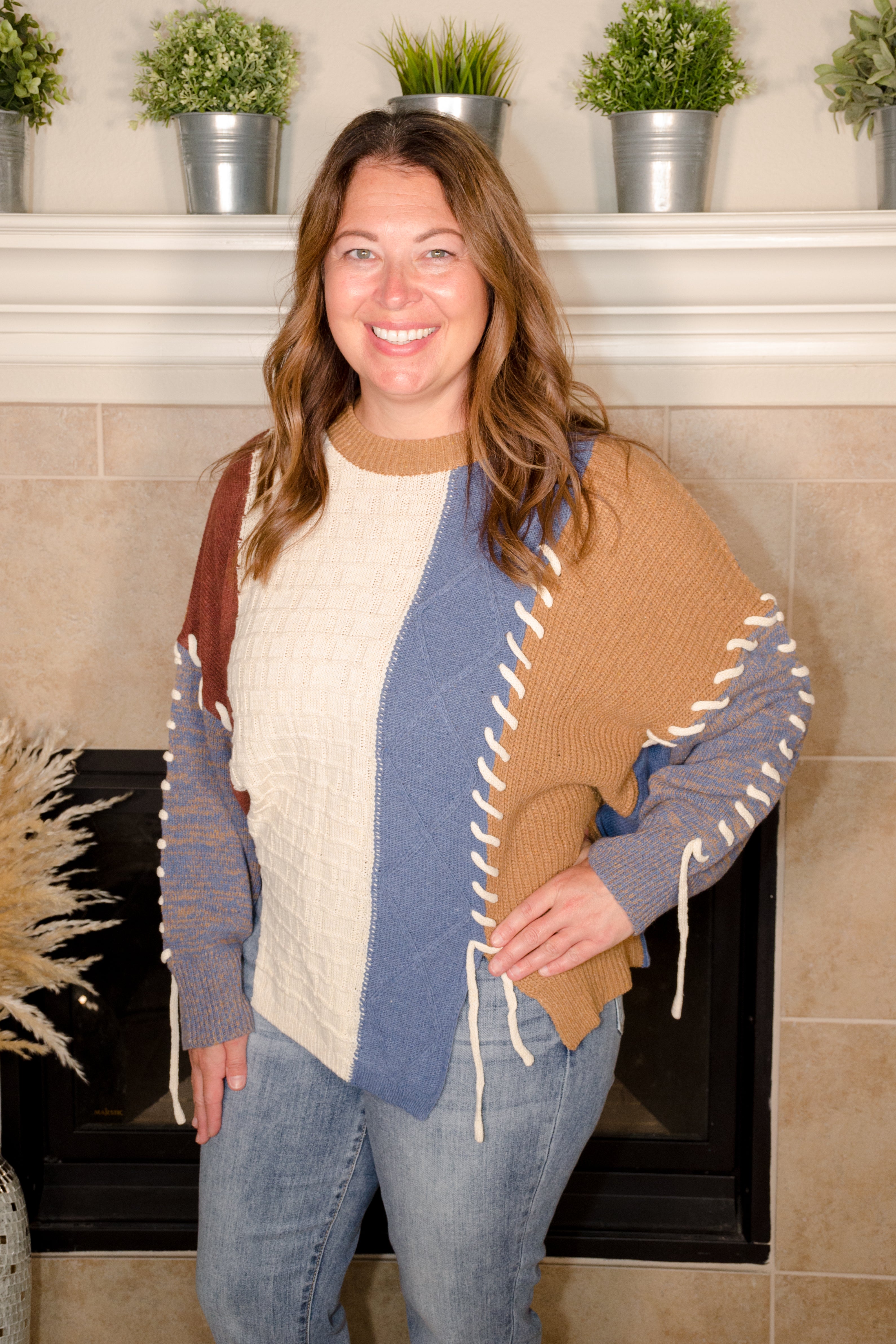 Color Block Sweater with Drawstring Details - Evergreen Boutique