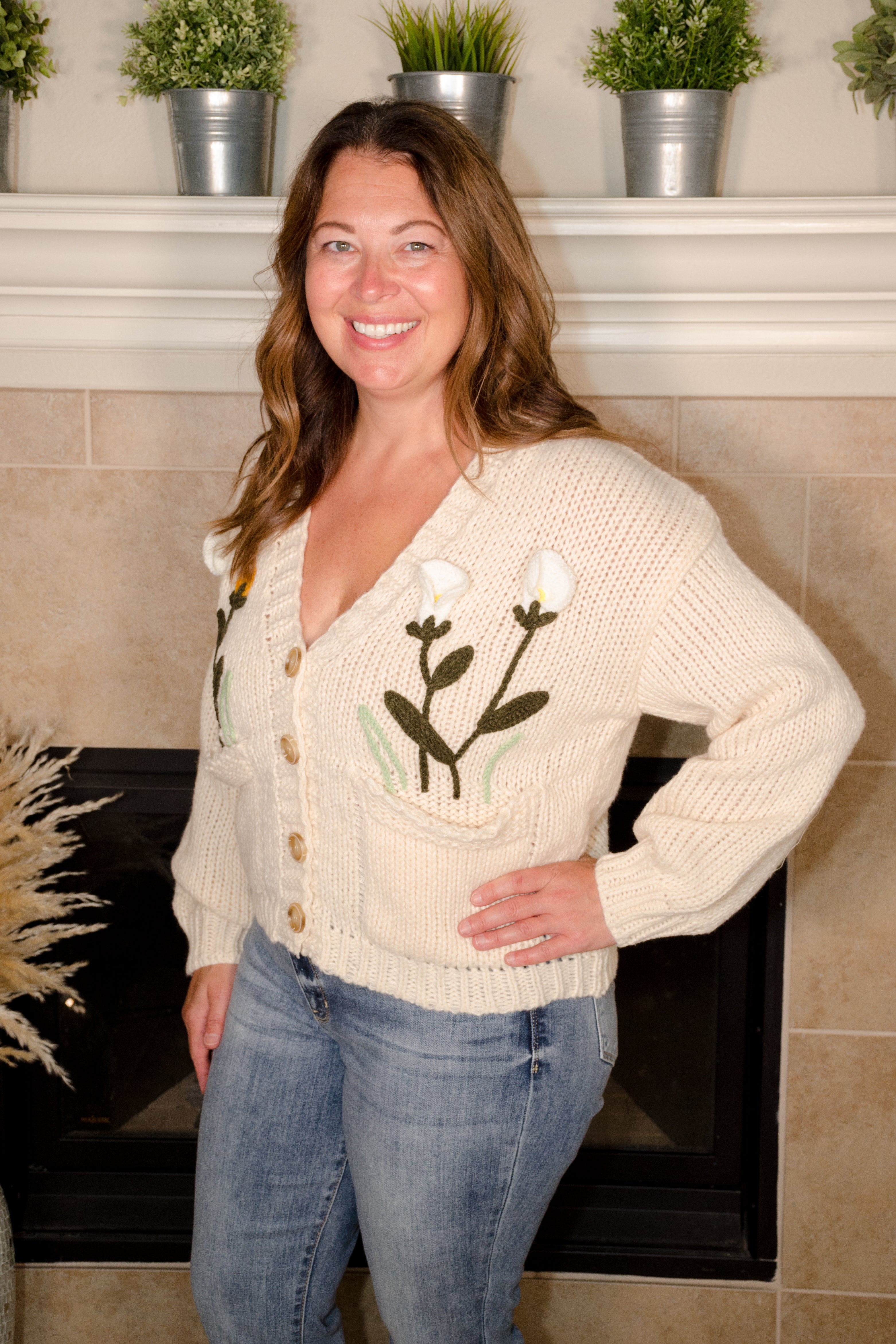 Flower Embroidered Knit Cardigan - Evergreen Boutique