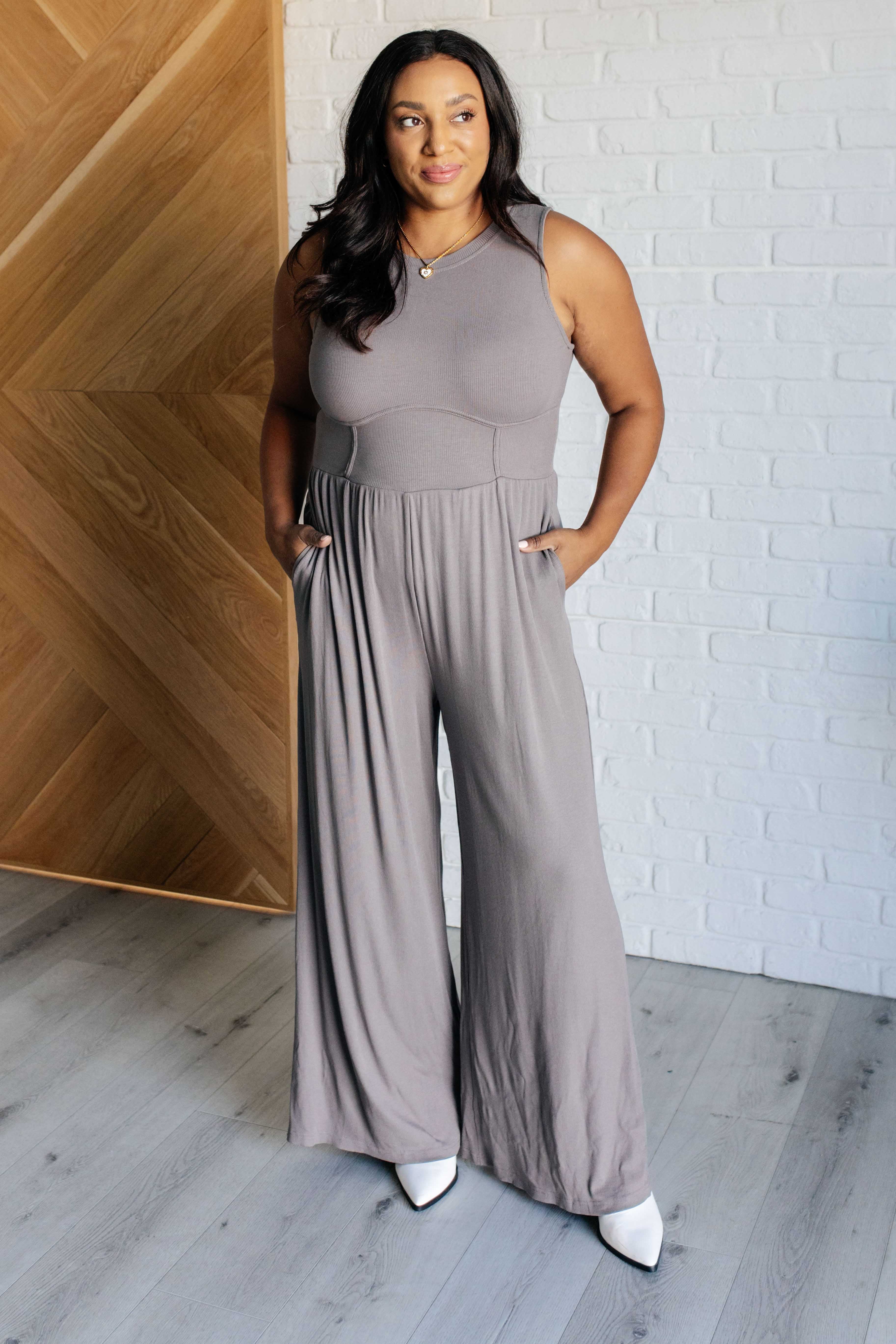 Hilary Wide Leg Jumpsuit in Grey - Evergreen Boutique