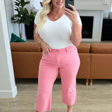 Judy Blue Lisa High Rise Control Top Wide Leg Crop Jeans in Pink - Evergreen Boutique