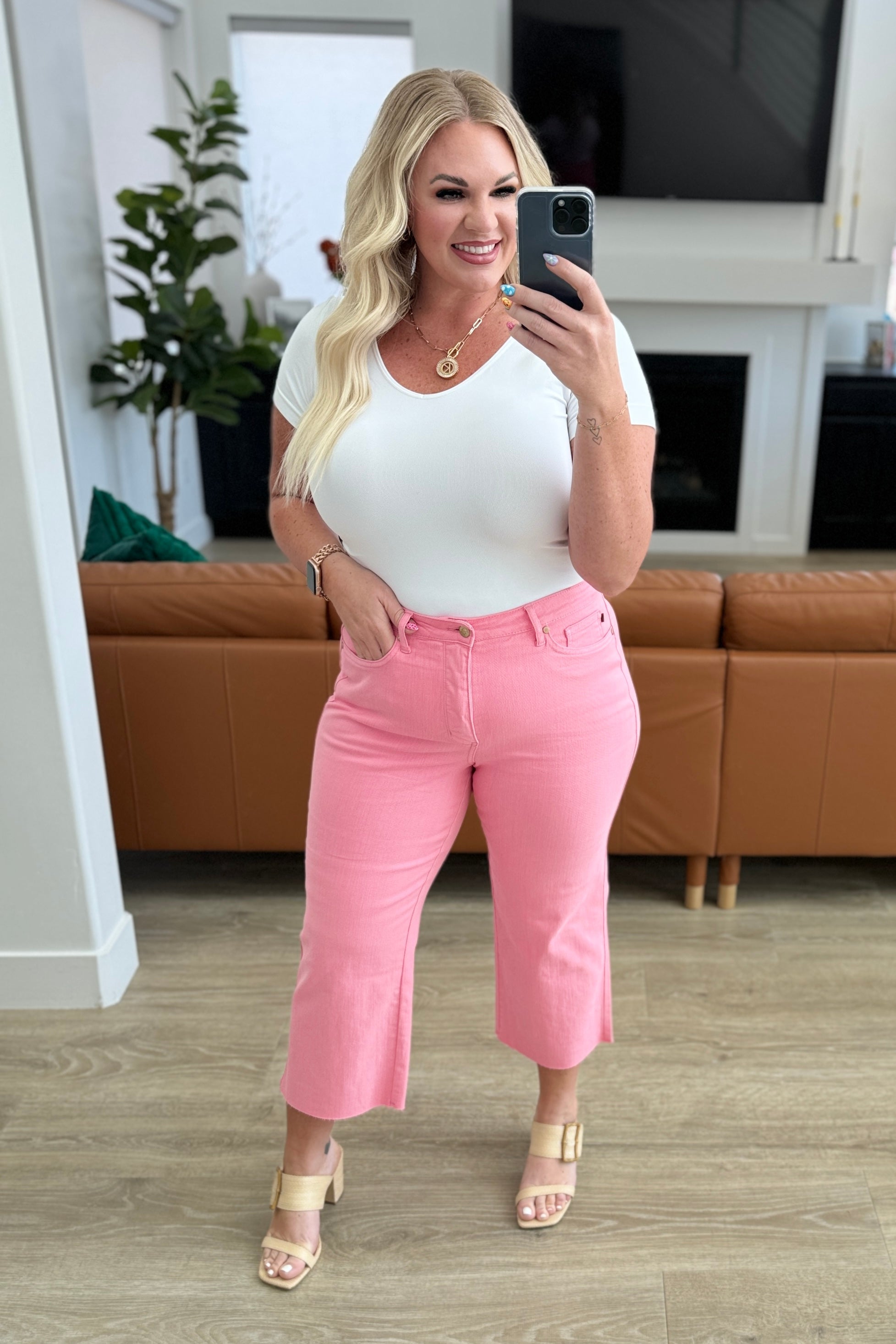 Judy Blue Lisa High Rise Control Top Wide Leg Crop Jeans in Pink - Evergreen Boutique