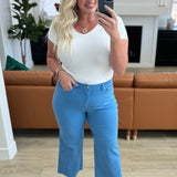 Judy Blue Lisa High Rise Control Top Wide Leg Crop Jeans in Sky Blue - Evergreen Boutique