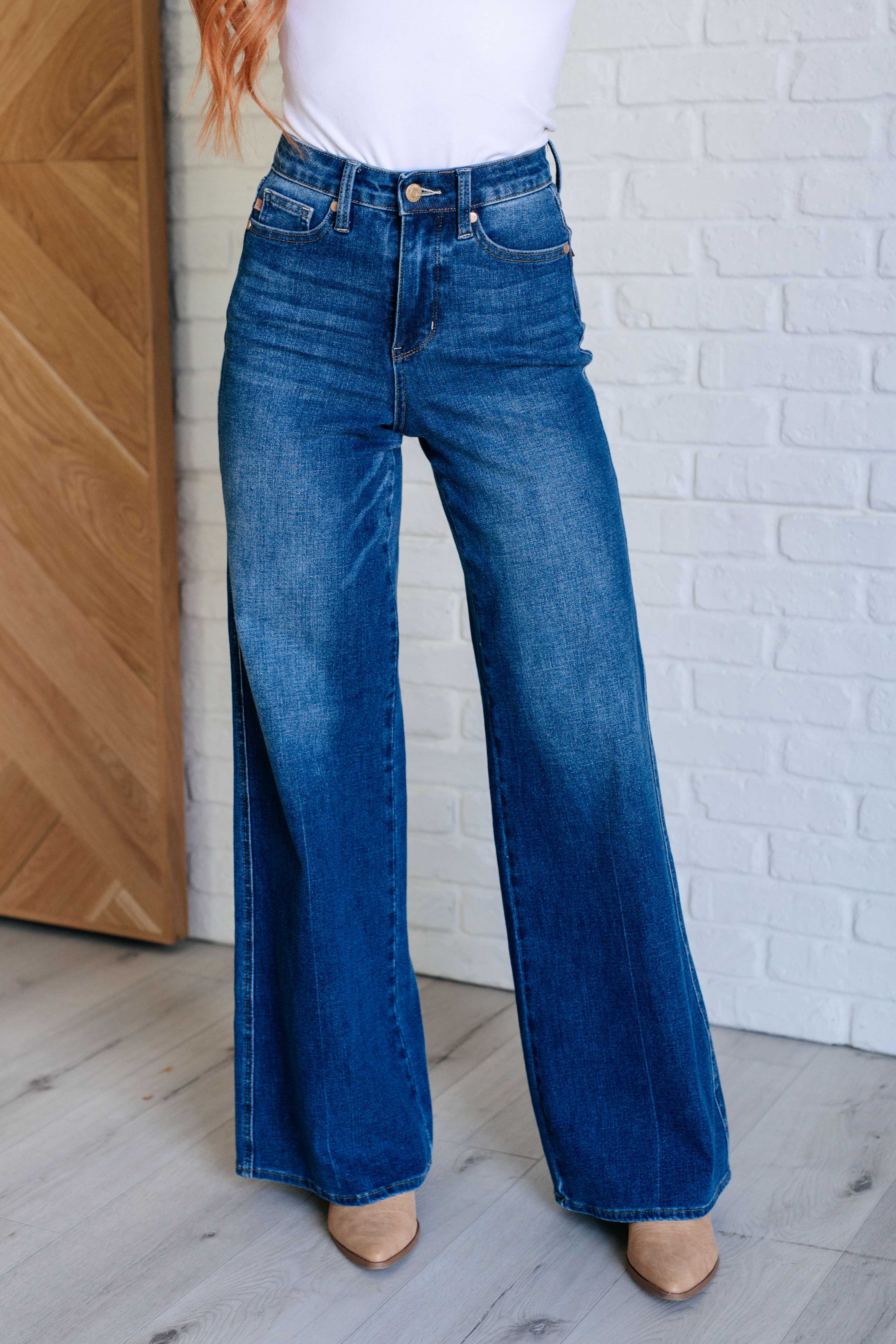 Judy Blue Eliza High Rise Control Top Retro Wide Leg Jeans - Evergreen Boutique