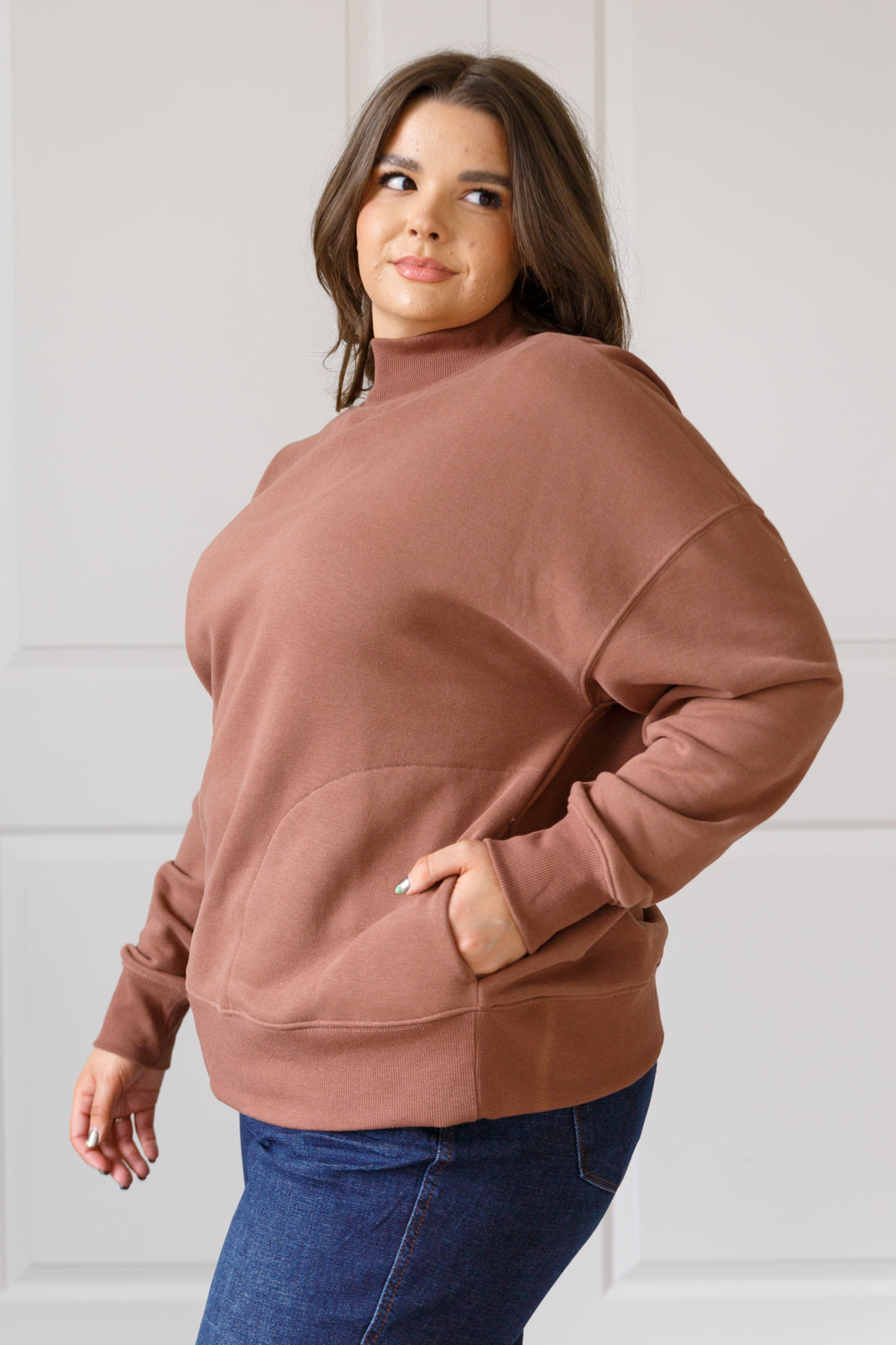 Make No Mistake Mock Neck Pullover in Cocoa - Evergreen Boutique