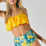 Solid Ruffle Top And Printed Bottom Swimsuit-Evergreen Boutique