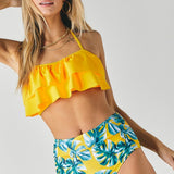 Solid Ruffle Top And Printed Bottom Swimsuit-Evergreen Boutique