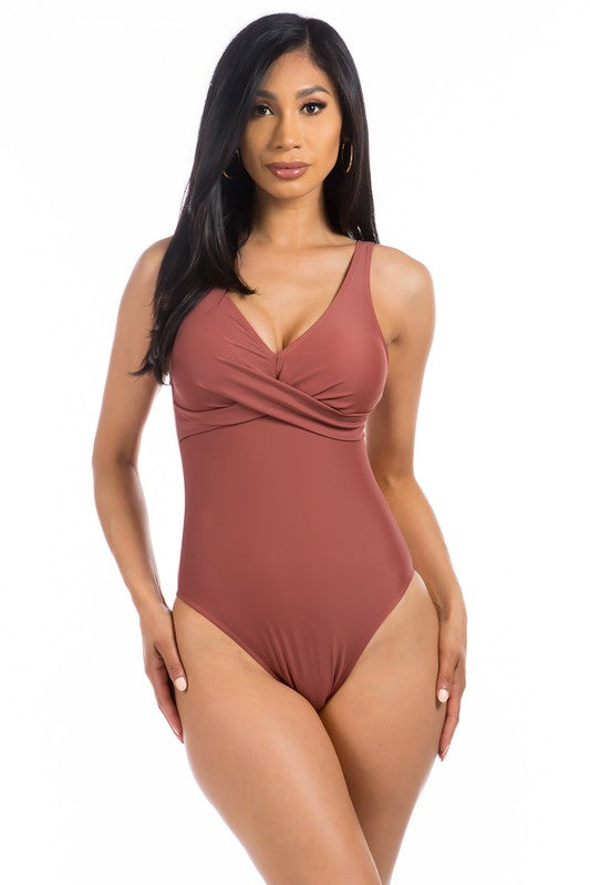 PLEATED CROSS GATHERING LOW V ONE PIECE-Evergreen Boutique