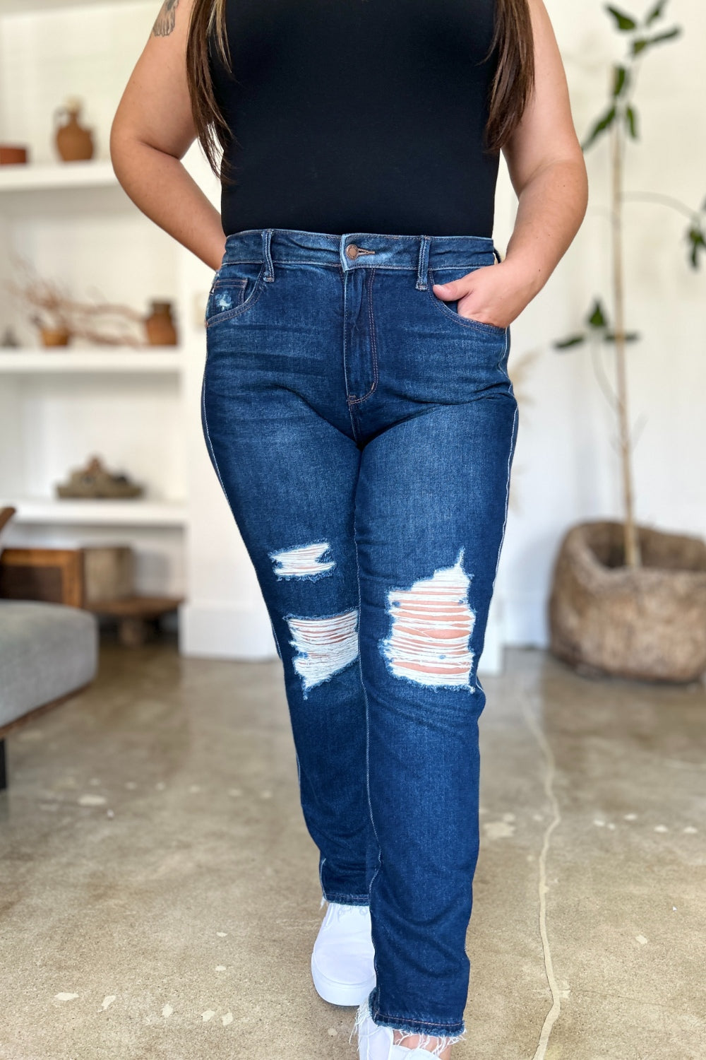 Judy Blue Full Size High Waist Rigid Magic Heavy Destroy Straight Jeans-Evergreen Boutique