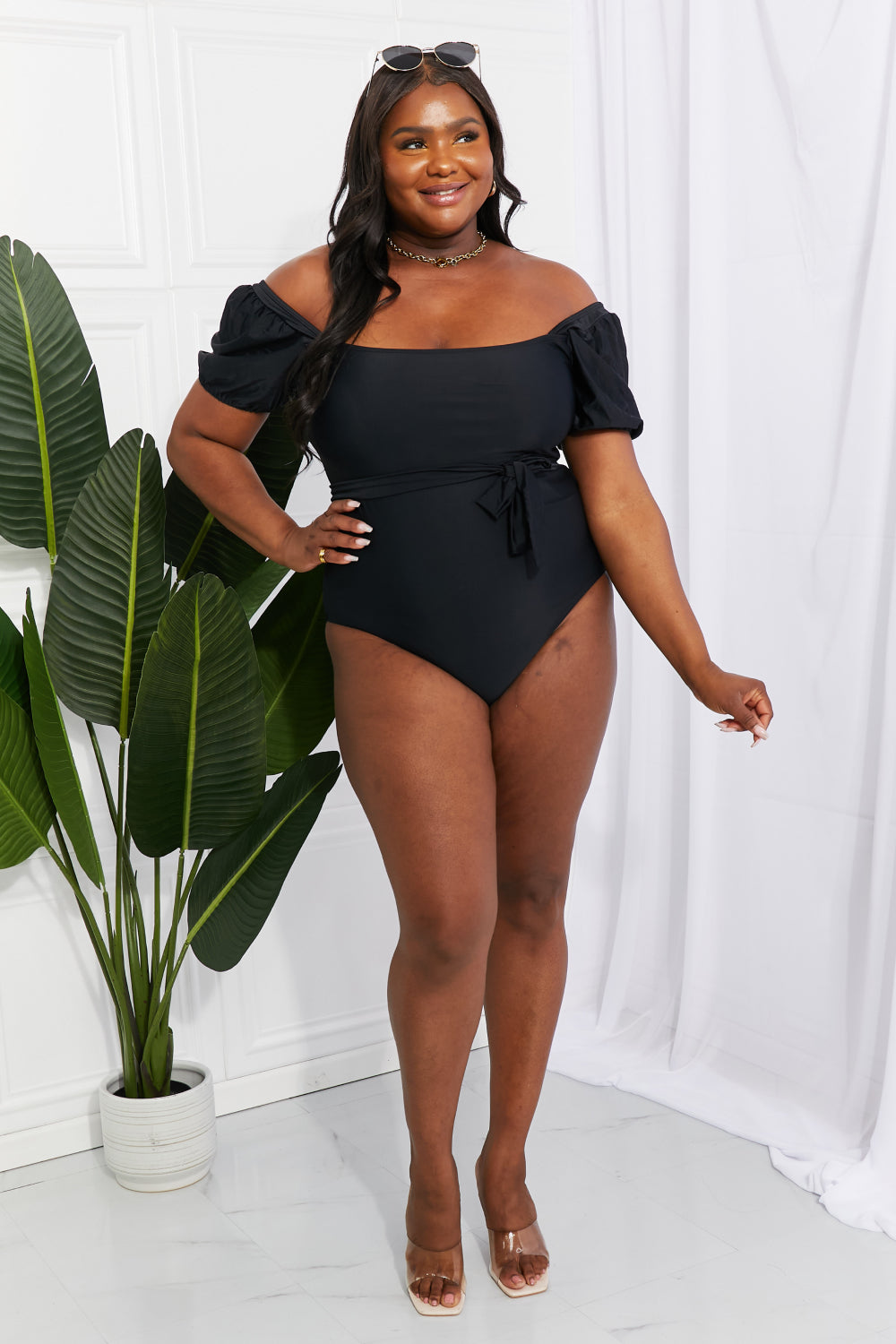 Marina West Swim Salty Air Puff Sleeve One-Piece in Black-Evergreen Boutique