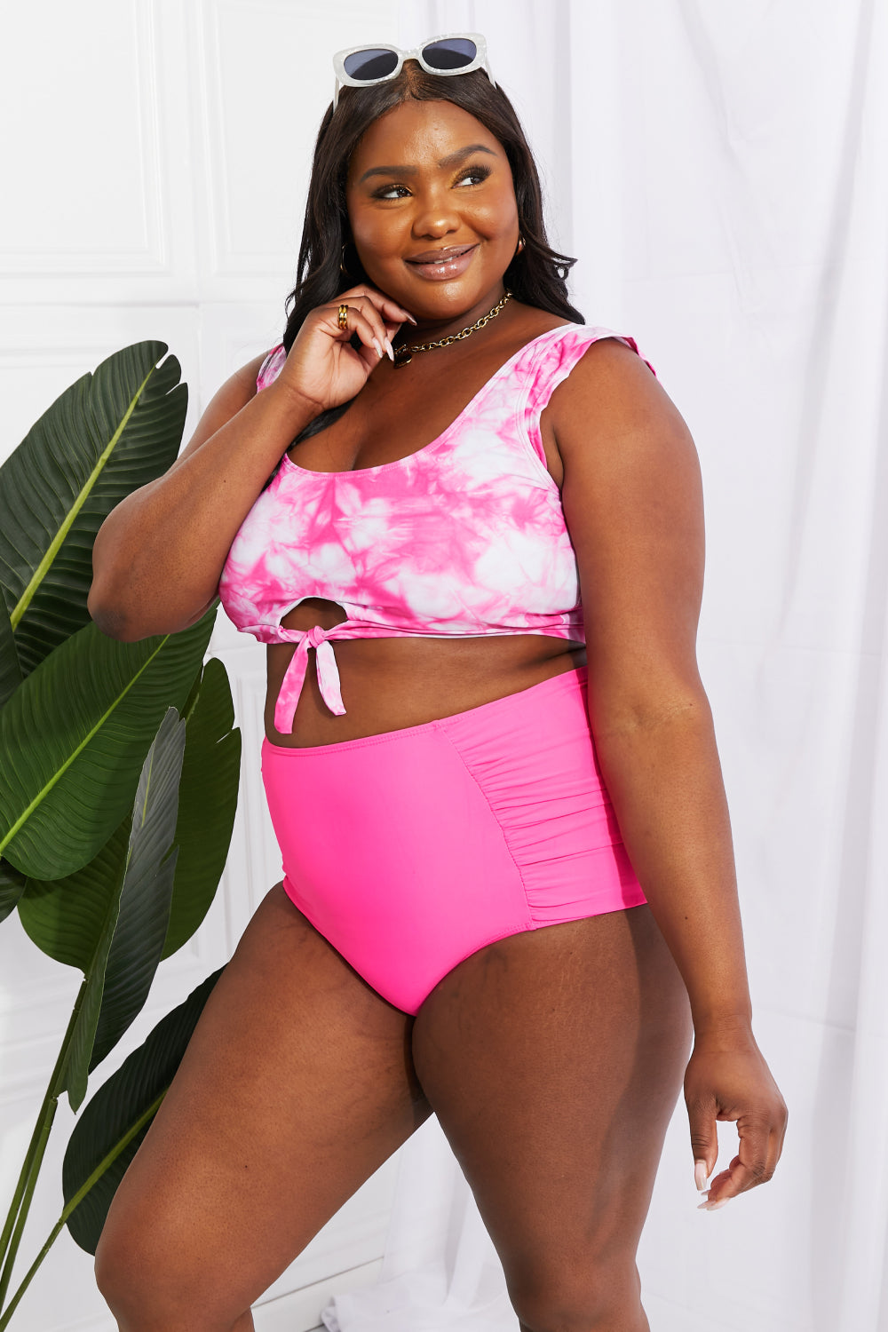 Marina West Swim Sanibel Crop Swim Top and Ruched Bottoms Set in Pink-Evergreen Boutique