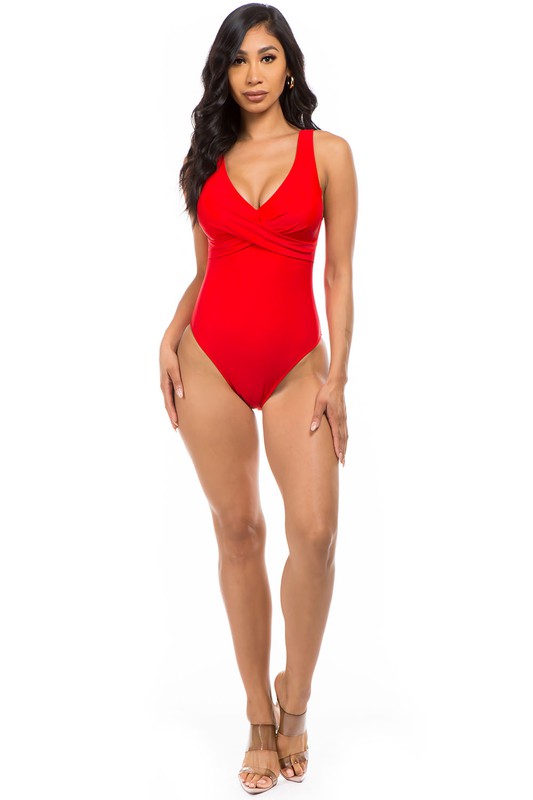 PLEATED CROSS GATHERING LOW V ONE PIECE-Evergreen Boutique