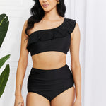 Marina West Swim Seaside Romance Ruffle One-Shoulder Bikini in Black-Evergreen Boutique