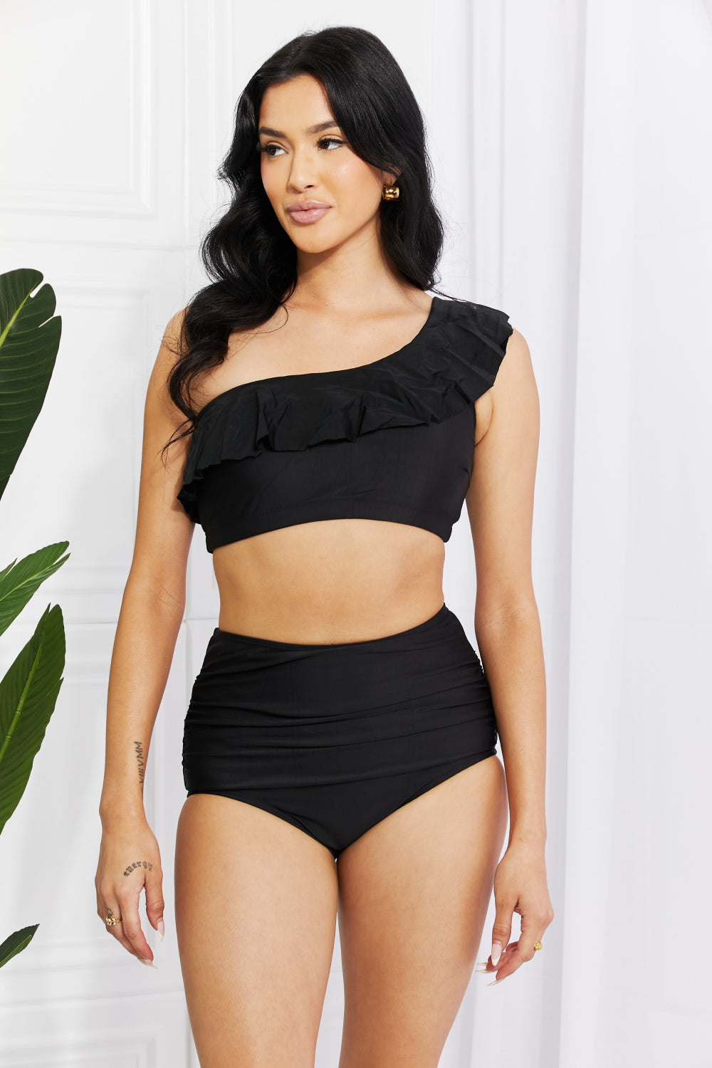 Marina West Swim Seaside Romance Ruffle One-Shoulder Bikini in Black-Evergreen Boutique