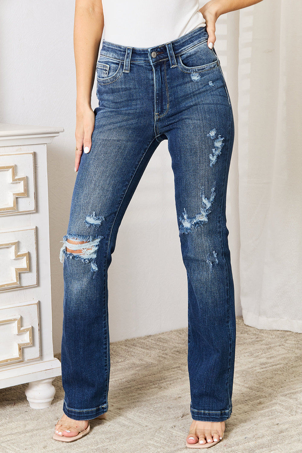 Judy Blue Full Size Mid Rise Hand Sand & Destroy Bootcut Jeans-Evergreen Boutique