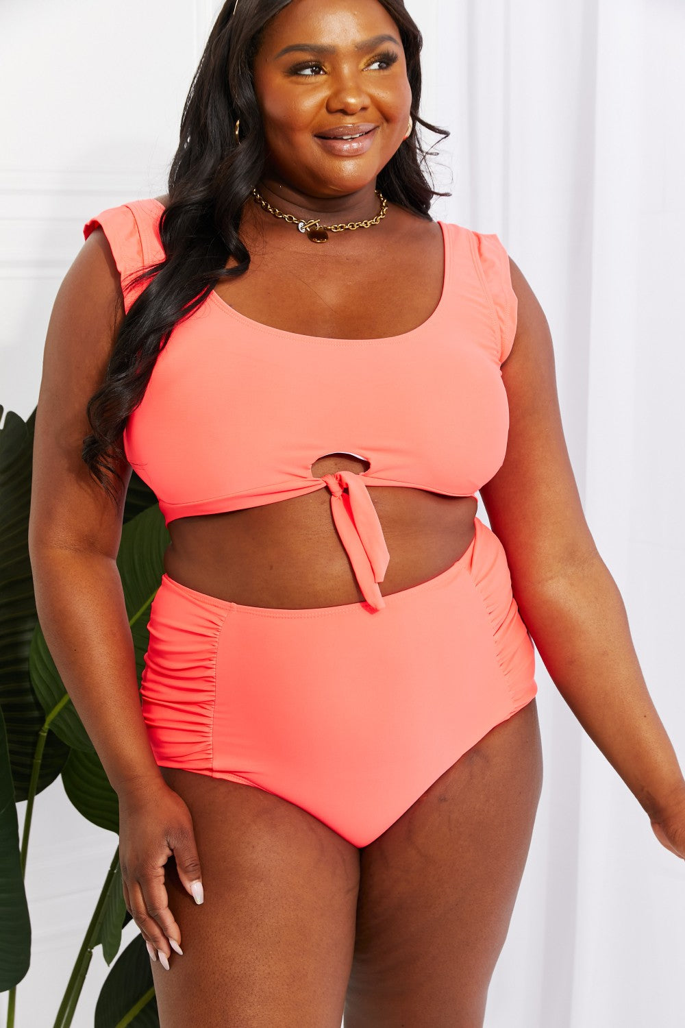 Marina West Swim Sanibel Crop Swim Top and Ruched Bottoms Set in Coral-Evergreen Boutique