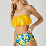 Solid Ruffle Top And Printed Bottom Swimsuit-Evergreen Boutique