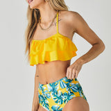 Solid Ruffle Top And Printed Bottom Swimsuit-Evergreen Boutique