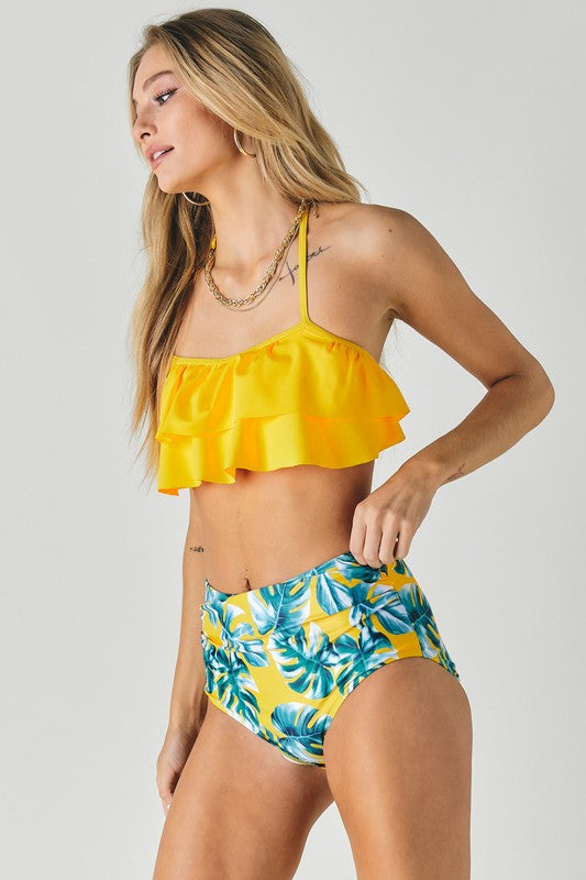 Solid Ruffle Top And Printed Bottom Swimsuit-Evergreen Boutique