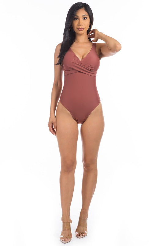 PLEATED CROSS GATHERING LOW V ONE PIECE-Evergreen Boutique