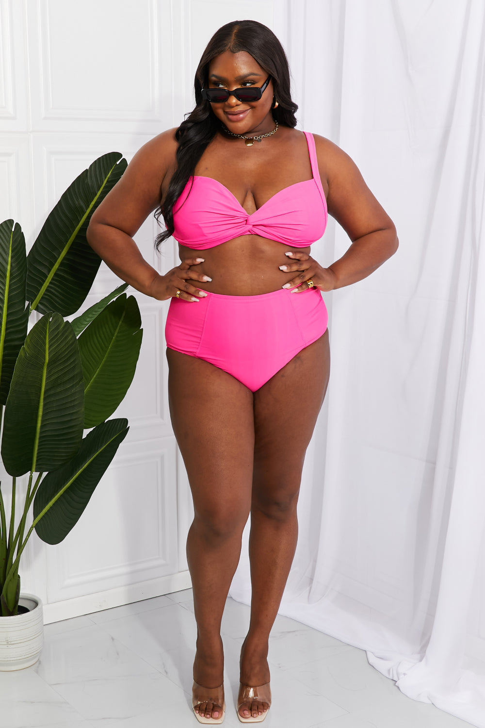 Marina West Swim Take A Dip Twist High-Rise Bikini in Pink-Evergreen Boutique