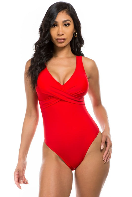 PLEATED CROSS GATHERING LOW V ONE PIECE-Evergreen Boutique