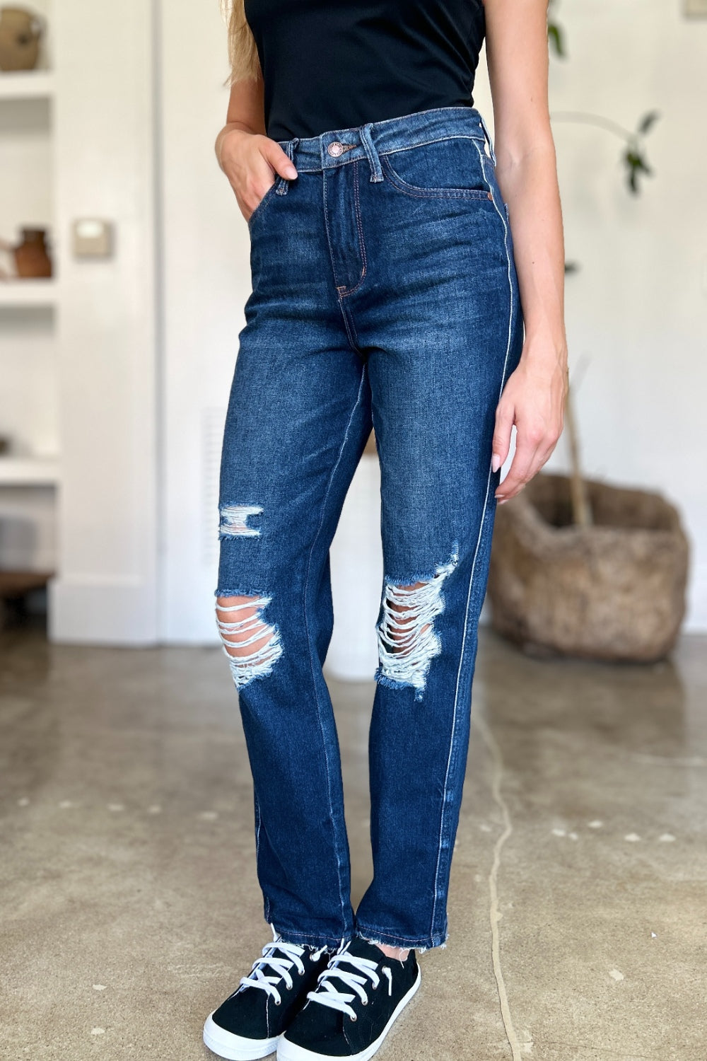 Judy Blue Full Size High Waist Rigid Magic Heavy Destroy Straight Jeans-Evergreen Boutique