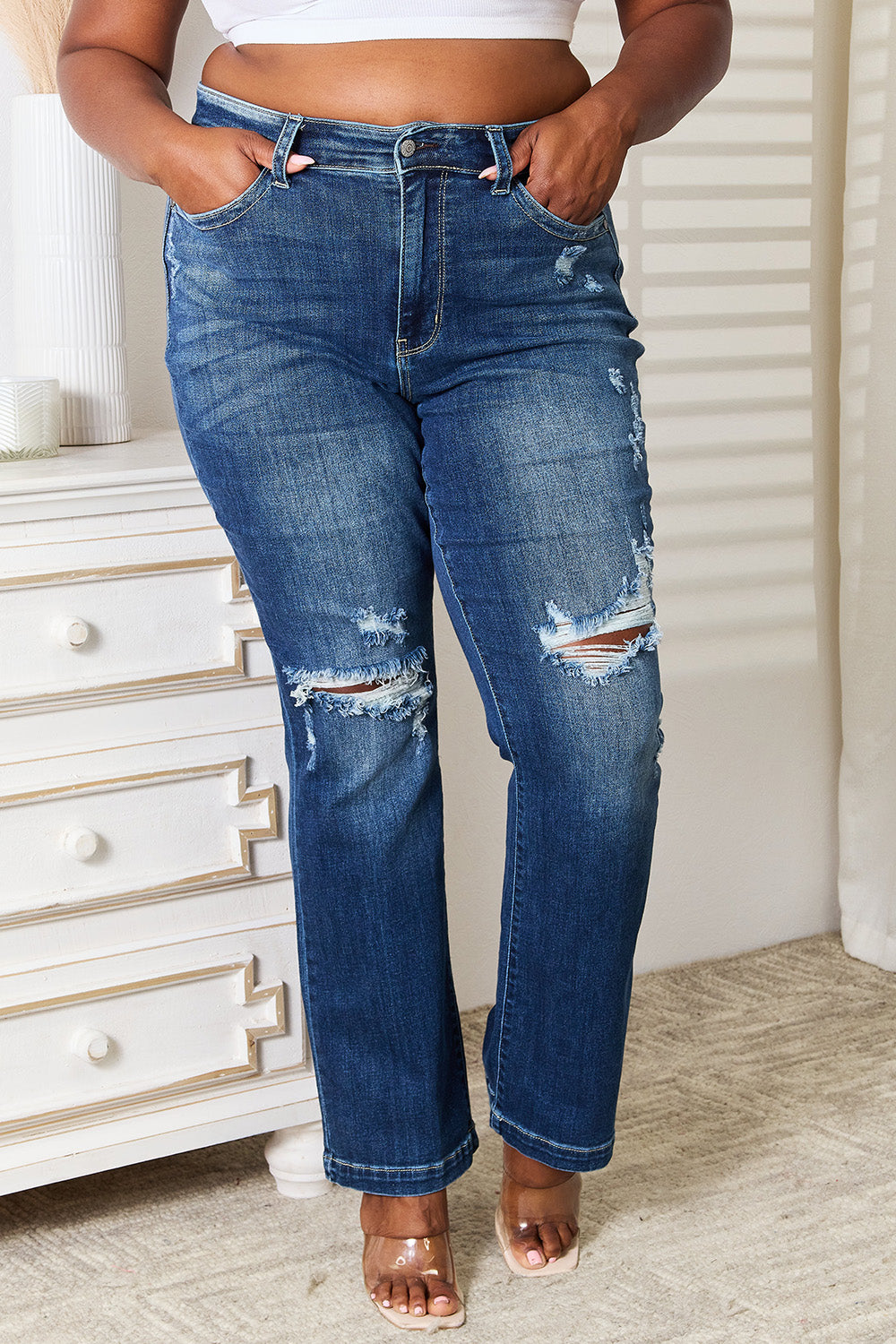 Judy Blue Full Size Mid Rise Hand Sand & Destroy Bootcut Jeans-Evergreen Boutique