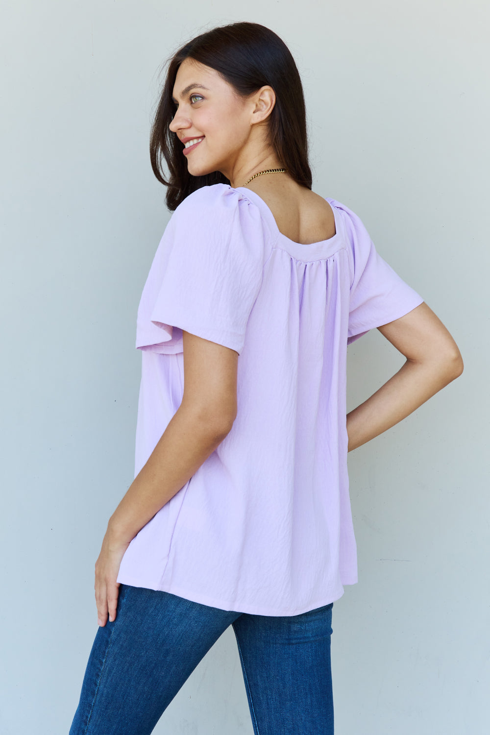 Ninexis Keep Me Close Square Neck Short Sleeve Blouse in Lavender-Evergreen Boutique