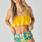 Solid Ruffle Top And Printed Bottom Swimsuit-Evergreen Boutique