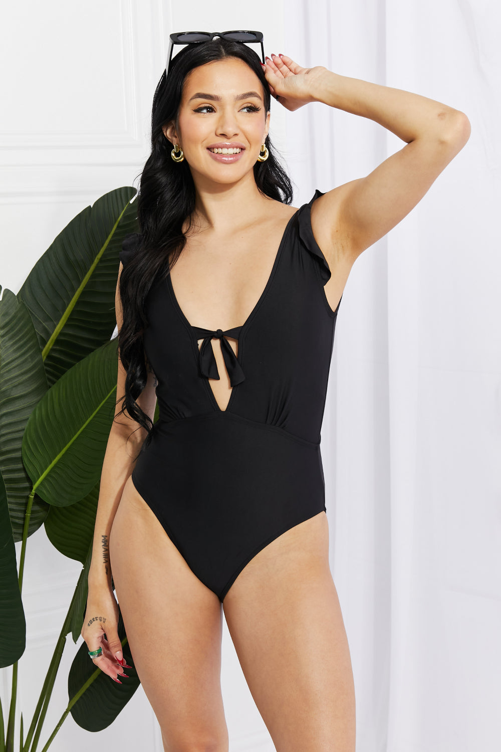 Marina West Swim Seashell Ruffle Sleeve One-Piece in Black-Evergreen Boutique