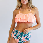 Solid Ruffle Top And Printed Bottom Swimsuit-Evergreen Boutique