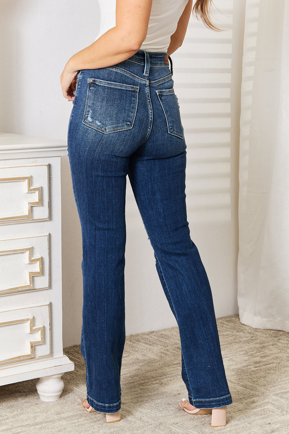 Judy Blue Full Size Mid Rise Hand Sand & Destroy Bootcut Jeans-Evergreen Boutique