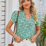 Floral Notched Neck Blouse-Evergreen Boutique